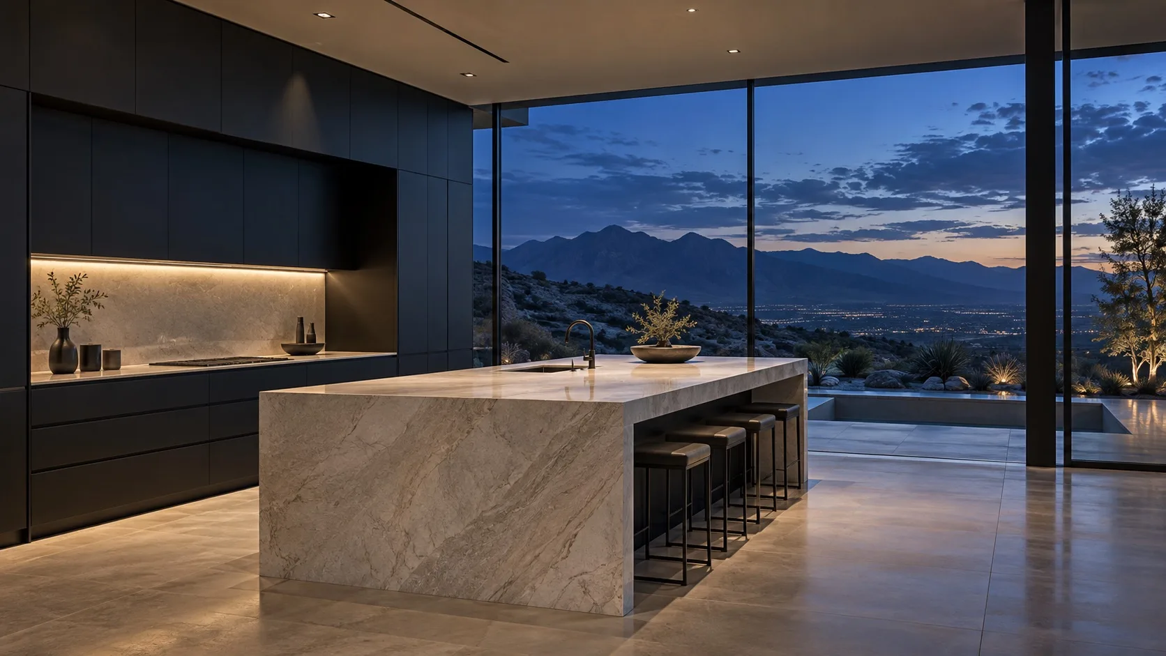 Illustrative modern kitchen with dark cabinetry, a stone island, and a mountain view